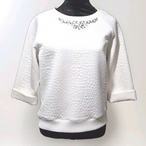 Nue Options Pullover Sweatshirt 3/4 Sleeve Textured White Sz PM Casual Office